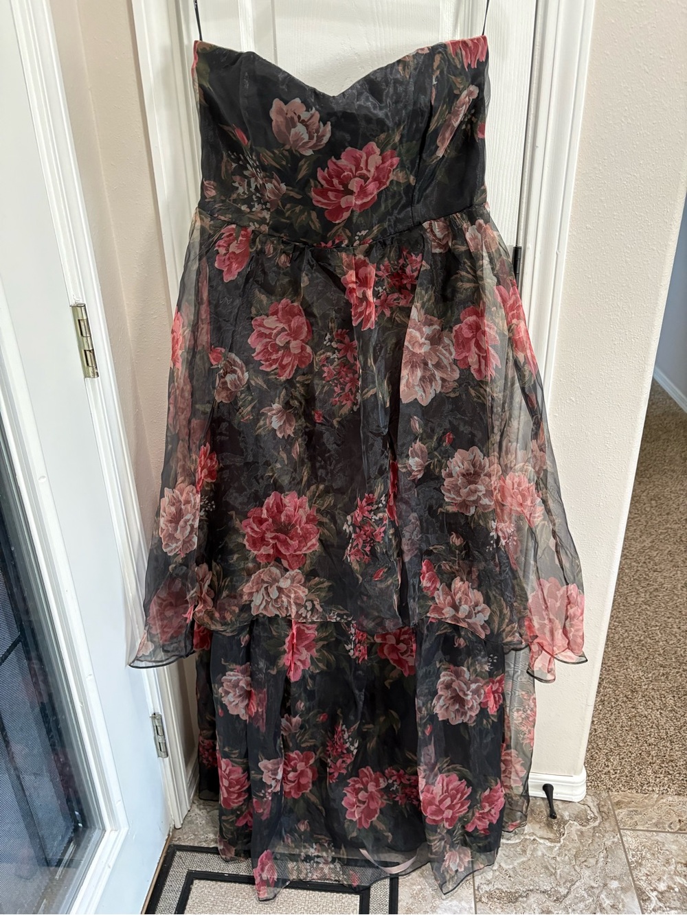 Truly Extraordinary Black Floral Organza Strapless Maxi Dress